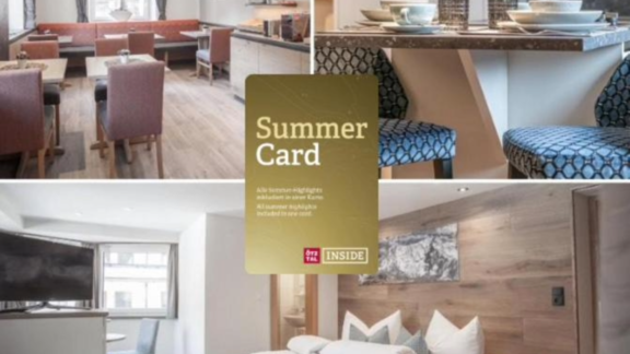 A modern hotel room with a cozy living room and a dining area. The amenities include stylish furniture and a summer menu for attractive offers. - Garni Ötztal ROOMS & APARTS - Zwieselstein