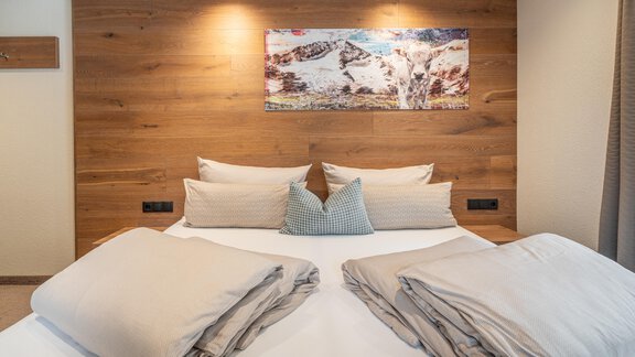 A cozy bedroom with a double bed and decorative pillows. On the wall hangs a picture of a mountain landscape. - Garni Ötztal ROOMS & APARTS - Zwieselstein