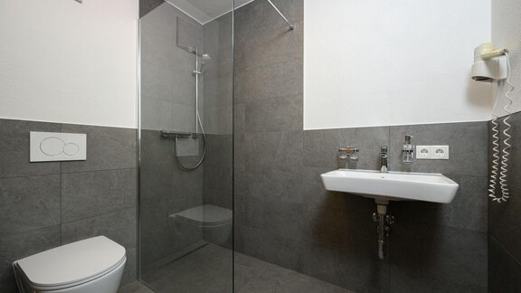 A modern bathroom with a glass shower and gray tiles. There is a sink and a toilet that are simply and functionally designed. - Gästehaus Judith - Zwieselstein