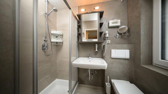 A modern bathroom with a shower, a sink, and a toilet. The walls are in neutral colors and there are practical shelving areas. - Haus Sonnschein - Zwieselstein
