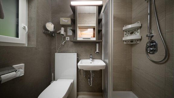 A modern bathroom with a shower, a sink, and a toilet. The walls are tiled in light colors and there are practical shelves. - Haus Sonnschein - Zwieselstein