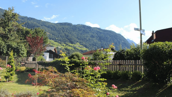 A quiet residential area with a well-maintained garden and colorful flowers. In the background, green mountains and a clear sky can be seen. - Ferienhaus Neurauter - Haiming