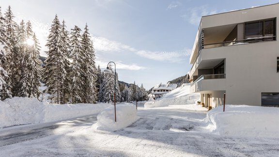 Ein schneebedeckter Weg, der von hohen Tannen umgeben ist. Im Hintergrund steht ein modernes Gebäude unter einem klaren blauen Himmel. - Apartment Waldesruh - Ochsengarten