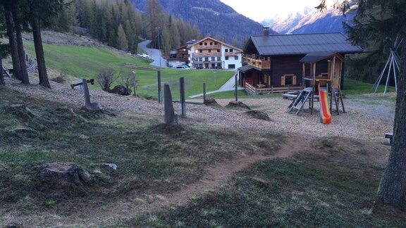 A peaceful landscape with a forest and a view of some cottages. The path winds through the green meadow and the mountains are visible in the background. - Almdorf Waldesruh - Sölden