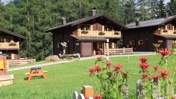 A charming holiday resort with several wooden chalets amidst green meadows and trees. Colorful flowers and a playground add a lively touch. - Almdorf Waldesruh - Sölden