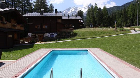 A clear swimming pool surrounded by green grass and mountains. In the background, there are wooden chalets and a blue sky. - Almdorf Waldesruh - Sölden