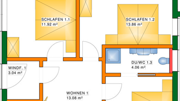 A floor plan sketch of an apartment with four bedrooms, two bathrooms, and a living room. The kitchen is also indicated, along with the corresponding square meter details for each room. - Apart Manuel - Sölden