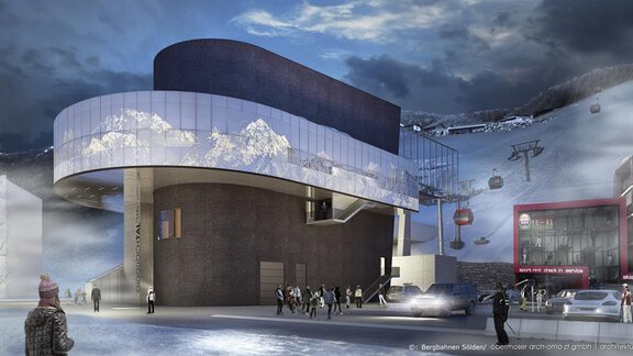 A modern building with curved architecture in a snow-covered mountain landscape. In the foreground, people and a cable car can be seen. - Appartementhaus Karlinger - Sölden