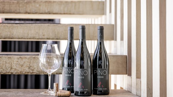 Drei Flaschen Rotwein stehen auf einer Treppe, zusammen mit einem großen Weinglas und einem Korken. Die Atmosphäre ist elegant und einladend. - Das Central - Alpine . Luxury . Life - Sölden