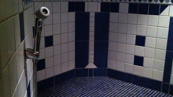 A modern shower room with blue and white tiles. The corners are rounded, and there is a hand shower. - Erbhof - Sölden