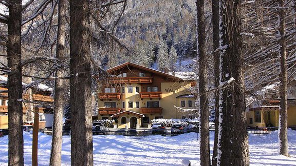 A charming building in winter with a snow-covered ground and trees. The surroundings are quiet and picturesque. - Ferienhaus Waldele - Sölden