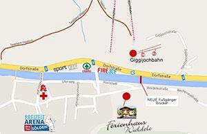 A map shows the surroundings of the Giggjjochbahn in Sölden. Important locations and roads are marked to facilitate navigation. - Ferienhaus Waldele - Sölden