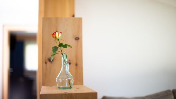 A single rose in a glass vase sits on a wooden table. The background is bright and designed in a modern style. - Haus Alpenstern - Sölden