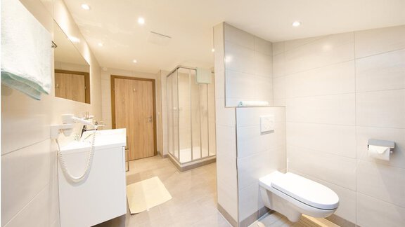A modern bathroom with a shower and an elegant sink. Bright tiles and a calm atmosphere create an inviting space. - Haus Christian - Sölden