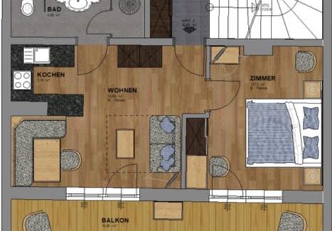 A floor plan representation of an apartment with one bedroom, one living room, one kitchen, and one balcony. The rooms are clearly arranged and provide space for modern living. - HAUS ERIKA apartments - Sölden