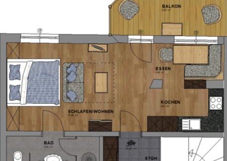 A floor plan drawing of an apartment with various rooms. The areas include bedroom, living room, kitchen, and balcony. - HAUS ERIKA apartments - Sölden