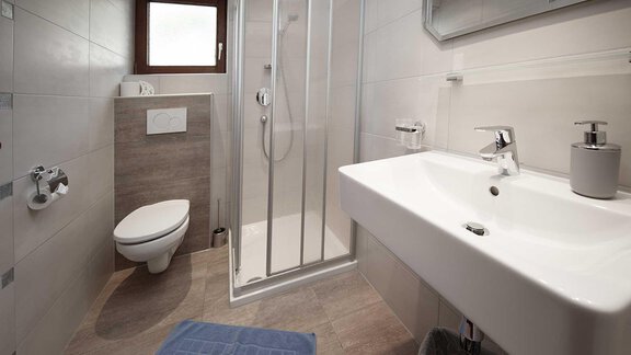 A modern bathroom with a shower, sink, and toilet. The walls are tiled in light colors and there is a blue carpet on the floor. - Haus Gabriela - Sölden