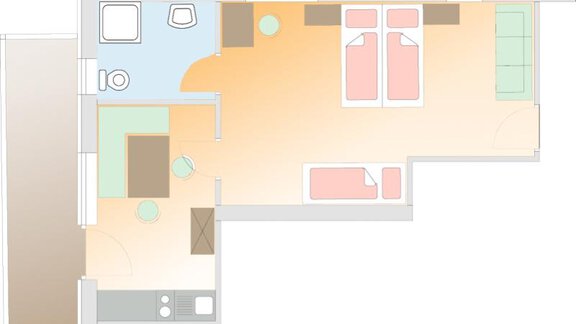 A simple floor plan of an apartment with two bedrooms, a bathroom, and a living area. The rooms are clearly arranged and showcase a modern design. - Haus Söldenblick - Sölden