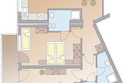 A floor plan drawing of an apartment with two bedrooms, living room, and kitchen. The rooms are clearly arranged and characterized by simple lines. - Haus Söldenblick - Sölden