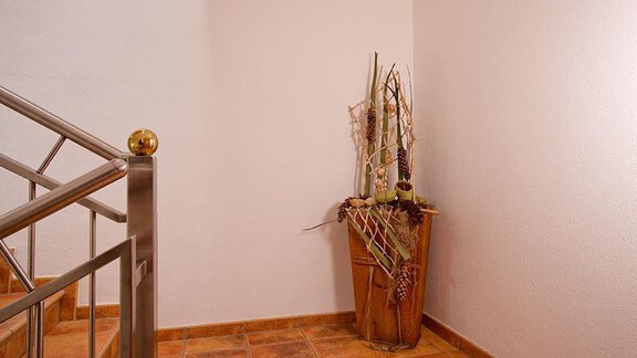 A stairwell with a stainless steel railing and a decorative plant in a flower pot. The walls are painted light, and the floor is tiled. - Hotel Garni Ehrenreich - Sölden
