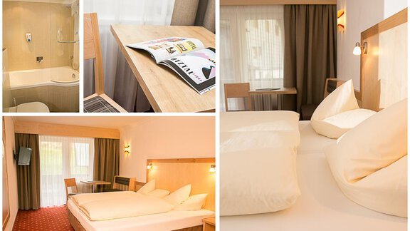 A modern hotel room with a cozy bed and a desk. Bathroom with a shower and a bright, inviting atmosphere. - Hotel Garni Ehrenreich - Sölden