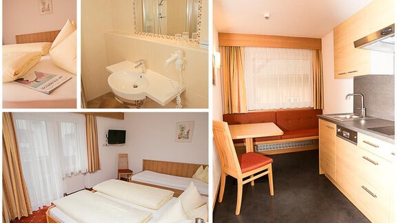 A modern hotel room with two beds and a cozy dining area. The bathroom is bright and functionally equipped. - Hotel Garni Ehrenreich - Sölden