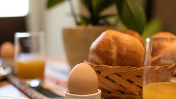 A breakfast table with a boiled egg, a bread roll, and a glass of orange juice. In the background, there is a plant. - Hotelappart Peter - Sölden | © Falkner Georg