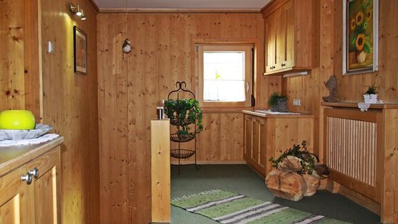 A cozy hallway with wood paneling and a bright window front. A striped rug lies on the floor and plants decorate the space. - Landhaus Fiegl Hubert - Sölden