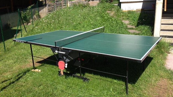 A table tennis table stands on green grass. In the background, there are some trees and a staircase visible. - Pension Birkenheim - Sölden