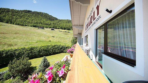 A balcony with a view of a green meadow and mountains in the background. Colorful flowers adorn the area in front of the window. - Pension Charly - Sölden