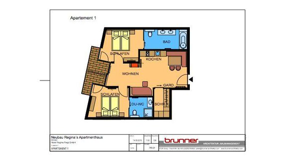 An apartment floor plan illustration with various rooms such as living area, kitchen, and bathroom. The rooms are color-coded and clearly labeled. - THE DELUXE by Regina - Sölden