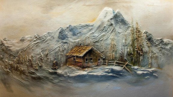 A picturesque mountain landscape with snow-covered peaks and a small wooden cabin. There are also some coniferous trees in the foreground. - Top Apart Daniela - Sölden