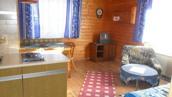A cozy room with wood paneling, a small kitchenette, and a sitting area. There is a sofa, a table, and a TV, as well as bright curtains. - Appt. Garni Anny - Vent
