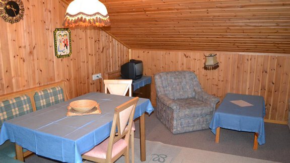 A cozy room with wooden walls and a slanted roof. There is a dining table with blue tablecloths, a couch, and a television. - Appt. Garni Anny - Vent