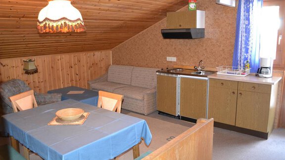 A cozy holiday apartment with a wooden ceiling and modern furniture. The room includes a lounge area, a dining table, and a kitchenette. - Appt. Garni Anny - Vent