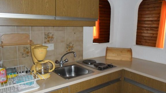 A small, cozy kitchen with wooden cabinets and a sink. The windows have a retro style and the countertop is bright and tidy. - Appt. Garni Anny - Vent