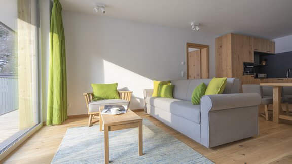 A cozy living room with a gray sofa and green cushions. Large windows provide plenty of daylight and the decor is modern and inviting. - Zwieselstein-Apart De Luxe - Zwieselstein
