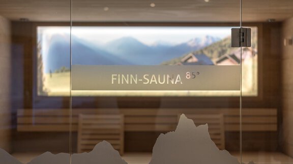 A modern sauna area with a glass front and the inscription "FINN-SAUNA 85°". In the background, mountains and a relaxing view are visible. - Apart Hotel Garni Alt Kaisers - Sölden