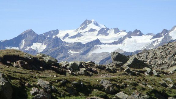 An impressive mountain landscape with snow-covered peaks and green terrain in the foreground. The clear sky gives the scene a peaceful atmosphere. - Ferienhof Paulelas - Sölden