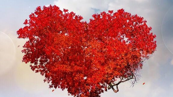 A red heart-shaped tree stands on a gentle hill. The sky is blue with some white clouds. - Gästehaus Martin - Sölden