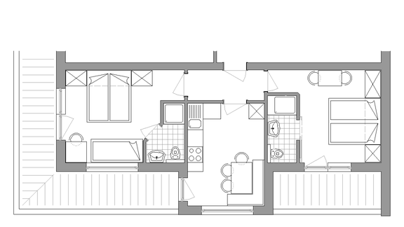 A floor plan of an apartment with rooms and a bathroom. The rooms are clearly arranged and connected to a kitchen. - Haus Leo - Sölden