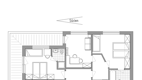 A floor plan of an apartment with two bedrooms, a bathroom, and a living area. The orientation is to the south. - Haus Leo - Sölden