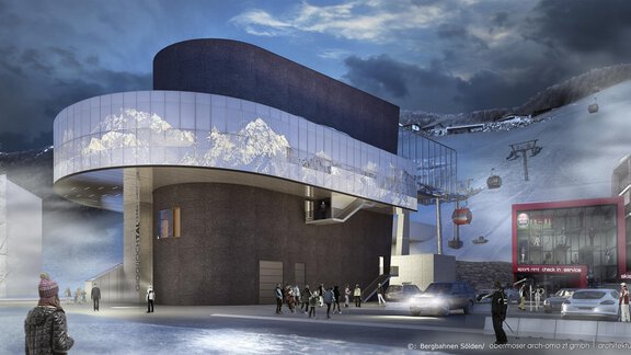 A modern building in the mountains with impressive architecture. In the background, snow and ski lifts can be seen. - Haus Tanja - Sölden