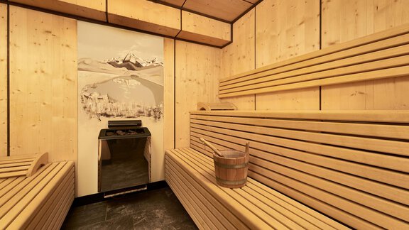 A cozy sauna with a wooden bench and a small bucket. The walls are made of light wood and there is a mountain motif in the background. - Hotel am Hof - Sölden