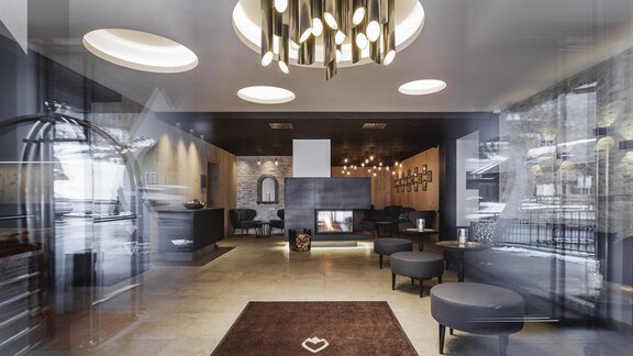 A stylish hotel interior with modern furniture and cozy lighting. The room features a fireplace and an inviting reception area. - Valentin Design Apartment - Sölden