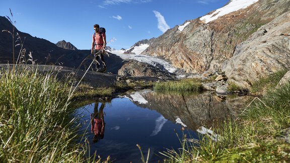 A hiker stands by a clear mountain lake and sees their reflection in the water. In the background, majestic mountains and a blue sky can be seen. - Haus Christophorus - Obergurgl 