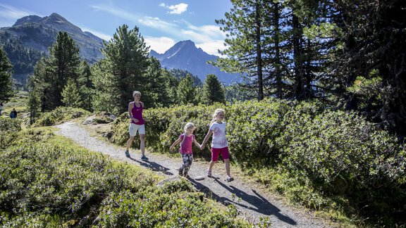 Eine Familie wandert auf einem malerischen Weg durch die Natur. Im Hintergrund sind Berge und dichter Wald zu sehen. - Gasthof Waldesruh - Ochsengarten