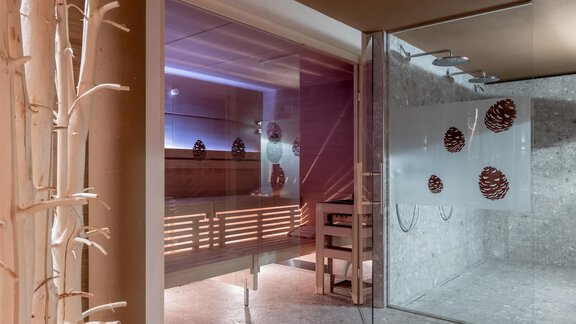 A modern wellness area with a sauna and a glass shower. Gentle light creates a relaxing atmosphere. - Apart Hotel Garni Wieser - Sölden