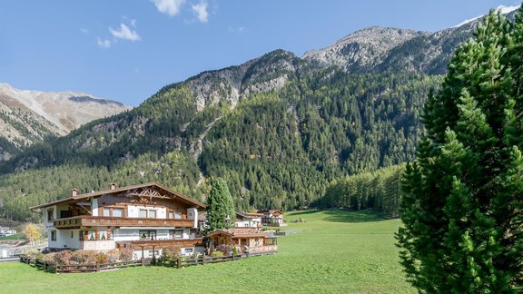 A picturesque alpine house surrounded by green meadows and high mountains. The sky is clear and sunny, creating a peaceful atmosphere. - Apart Wiesengrund - Sölden