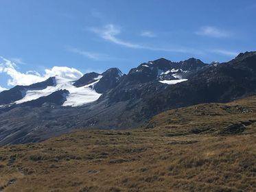 An impressive mountain landscape with snow-capped peaks and green meadow grass in the foreground. The sky is clear and blue. - Gästehaus Europa - Sölden